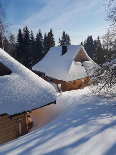 a house covered in snow with trees in the background at Mountain chalet SmoLenisko domek w górach in Nowy Targ