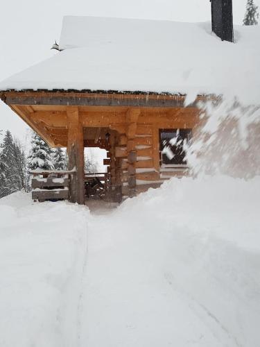 a log cabin covered in snow with a roof at Mountain chalet SmoLenisko domek w górach in Nowy Targ