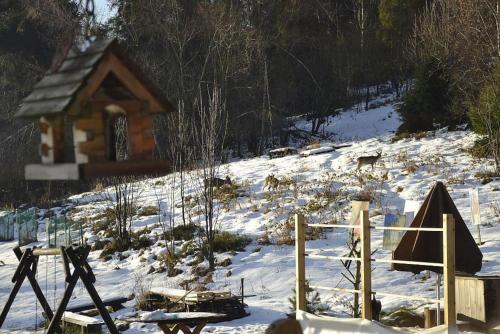 a snow covered hill with a cabin in the background at Mountain chalet SmoLenisko domek w górach in Nowy Targ