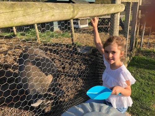 a little girl sitting in front of a giraffe at Willow Court Farm Studio South & Petting Farm, 8 mins from Legoland & Windsor, 15 mins from Lapland UK in Windsor