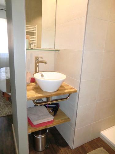 a bathroom with a bowl sink on a wooden shelf at Gîte FLEUR DE VIGNES in Itterswiller