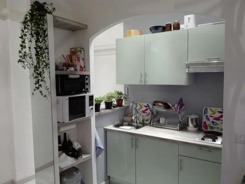 une petite cuisine avec des armoires blanches et un micro-ondes dans l'établissement Anderson apartment, à Nice