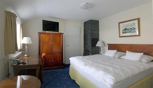 a bedroom with a bed and a desk and a television at Hotel zur Schwaben-Schänke in Renningen