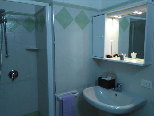 uma casa de banho com um lavatório e um chuveiro com um espelho. em LA CASA DEL BORGO em Aviatico