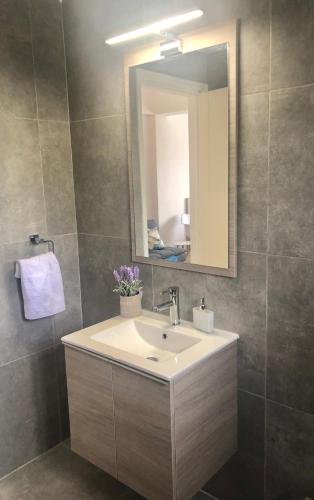 a bathroom with a sink and a mirror at Governors Beach Costas Apts in Governor's Beach