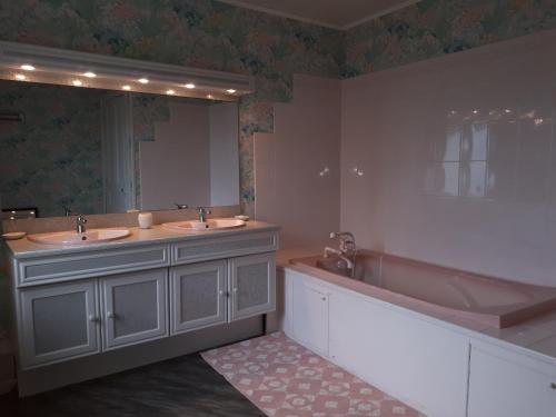 a bathroom with two sinks and a tub and a large mirror at Chambre du Nouvion in Le Nouvion-en-Thiérache