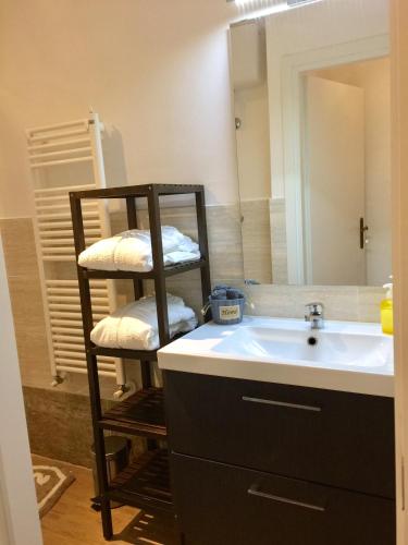a bathroom with a sink and a shelf with towels at DaLu Florence apartment Lucilla - private car park 15 minutes to the city center in Florence