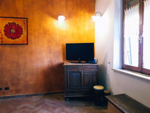 een woonkamer met een tv aan een houten muur bij La Casa del susino in Castiglione dʼOrcia