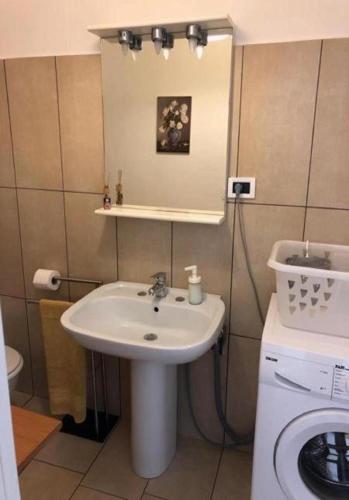 a bathroom with a sink and a washing machine at La Chientina in Soianella