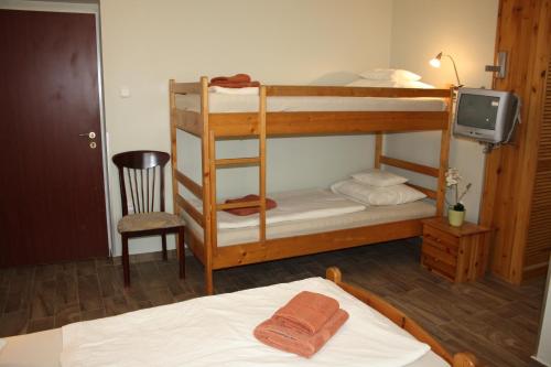 a bedroom with two bunk beds and a tv at Polus Pension in Sopron