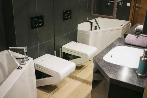 a bathroom with two toilets and a sink at Silver Apartments in Wrocław