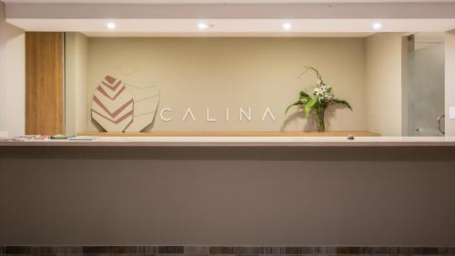 a sign for a fashion store with a plant on a shelf at Calina Casa de Huéspedes in Villa General Belgrano