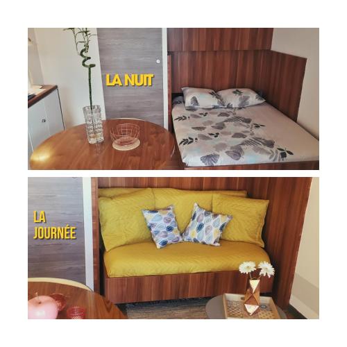 deux photos d'une chambre avec un lit et une table dans l'établissement STUDIO PORT D’HYÈRES VUE MER ET ÎLES DE PORQUEROLLES ET PORT-CROS, à Hyères