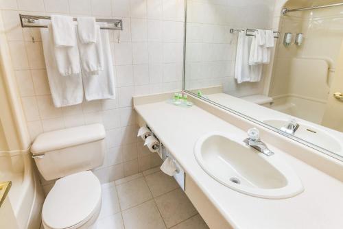 a bathroom with a sink and a toilet and a mirror at Ramada by Wyndham Thunder Bay Airlane Hotel in Thunder Bay