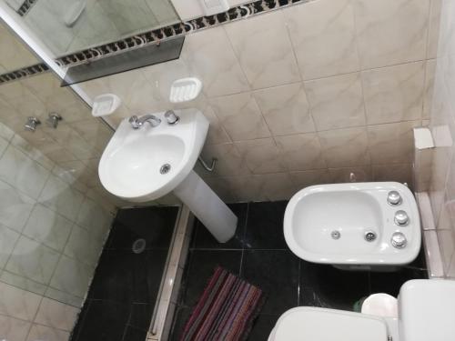 uma casa de banho com um lavatório branco e um WC. em Hotel Alexander em Mendoza