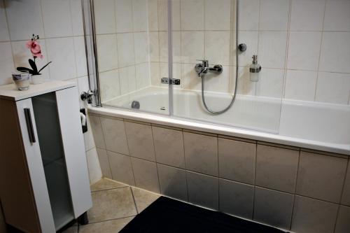 a bathroom with a shower and a bath tub at SALZHAUSBLICK BUSINESS APARTMENTS - Zentrale Lage am Salzhaus - MwSt-Rechnung verfügbar in Zittau
