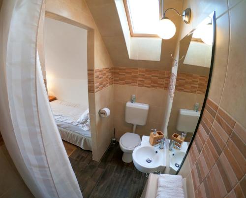 a small bathroom with a toilet and a sink at Buzás Pince Vendégház in Ecséd