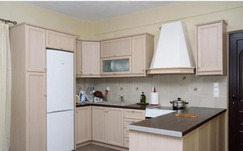 a kitchen with white cabinets and a white refrigerator at House Evia in Strópones