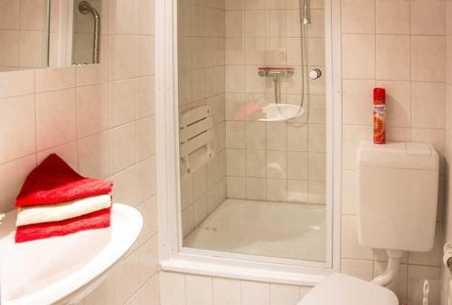 uma casa de banho com um chuveiro, um WC e um lavatório. em Ferienwohnung Rutenberg em Bremerhaven
