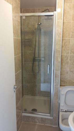 a shower with a glass door in a bathroom at Stunning apartment private garden in London