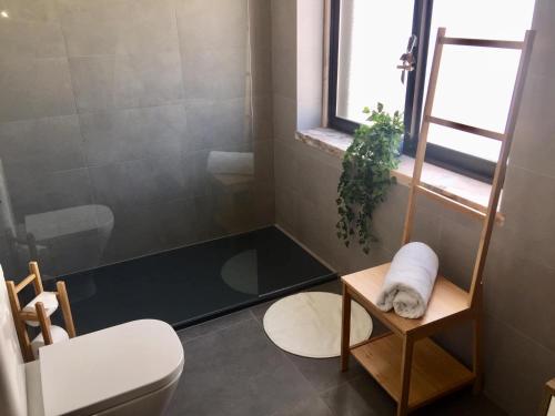 a bathroom with a shower and a toilet and a window at Paradise Suites in Carcavelos
