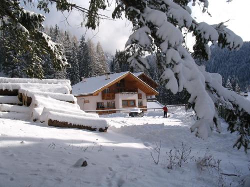 a cabin in the snow with a person standing in front at Hotel Garni Civetta in Selva di Cadore