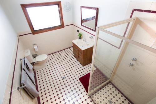 a bathroom with a toilet and a sink and a shower at Old Swanport General Store, Swanport-Murray River in Swanport