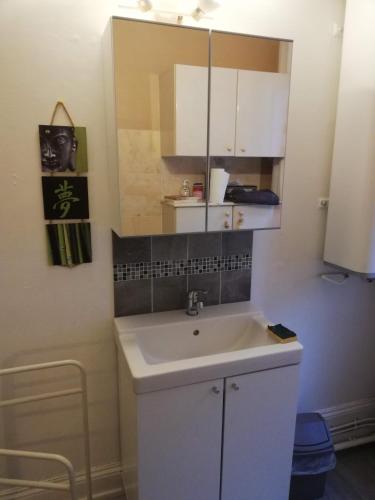 La salle de bains est pourvue d'un lavabo et de placards blancs. dans l'établissement L'arras Square maison au calme avec deux chambres, à Arras