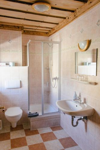 a bathroom with a shower and a toilet and a sink at Pension Lex in Bad Reichenhall