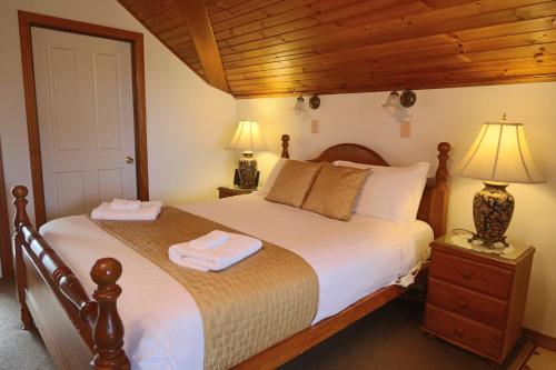 a bedroom with a bed and a lamp at Swansea Cottages & Lodge Suites in Swansea