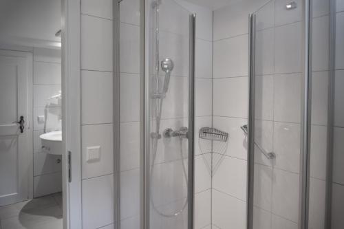 a shower with a glass door in a bathroom at Hotel Restaurant Alatsee in Füssen