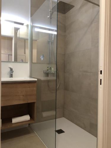 une salle de bain avec douche et lavabo dans l'établissement Angel Services - La Planche, à Sévrier