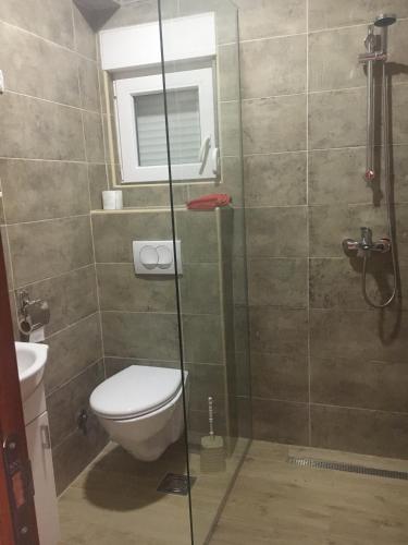 a bathroom with a toilet and a glass shower at Apartments Kapisoda in Cetinje