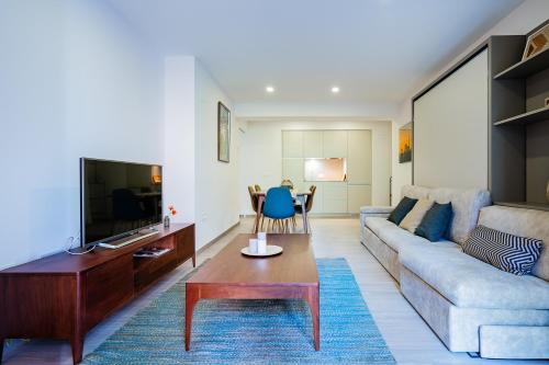 a living room with a couch and a tv at Exclusive quietness in the heart of Madrid with Public Parking, Breakfast, 2 bathrooms in Madrid