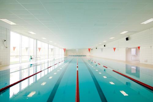 a large swimming pool with blue water in a building at Sportpark Rabenberg in Breitenbrunn