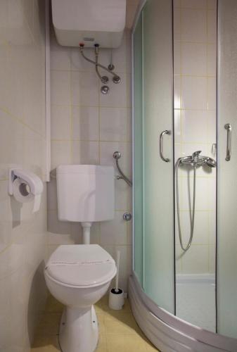 a bathroom with a toilet and a glass shower at Pension Kezele in Graberje Ivanićko