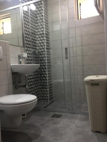 a bathroom with a shower and a toilet and a sink at Apartments Vila Andja in Sveti Stefan