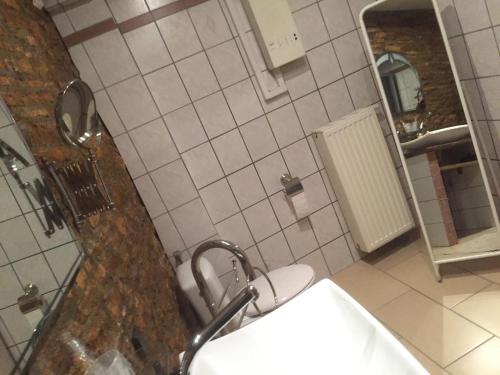 a bathroom with a sink and a toilet and a mirror at Weinschlößchen im Weingut Roos in Ilbesheim