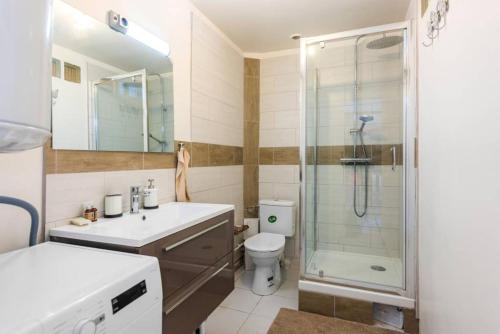 uma casa de banho com um chuveiro, um lavatório e um WC. em Big 1 BR - Paris 12ème - Gare de Lyon - Orly em Alfortville
