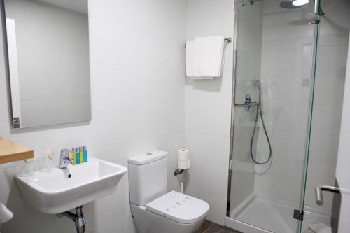 W łazience znajduje się toaleta, umywalka i prysznic. w obiekcie Hostal Ameztia w mieście Doneztebe