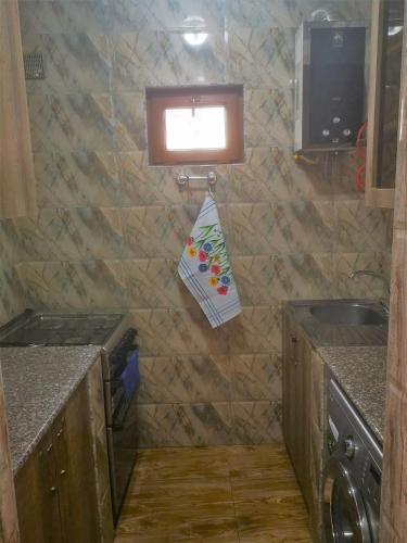 a small kitchen with a sink and a window at Hostel Sadu Kutaisi in Kutaisi