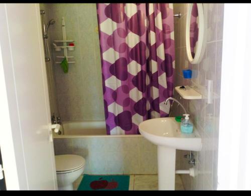 een badkamer met een wastafel, een toilet en een douchegordijn bij Complex Pafia 3 in Paphos City