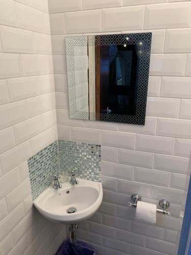 uma casa de banho com um lavatório e um espelho em The griffin cottage em Ludlow