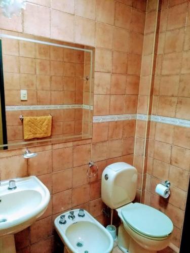 a bathroom with a toilet and a sink at Bombal Departamentos in Mendoza