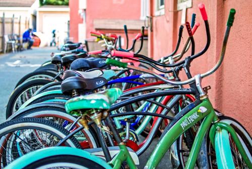 a row of bikes parked next to a wall at The Ocean House in Spring Lake