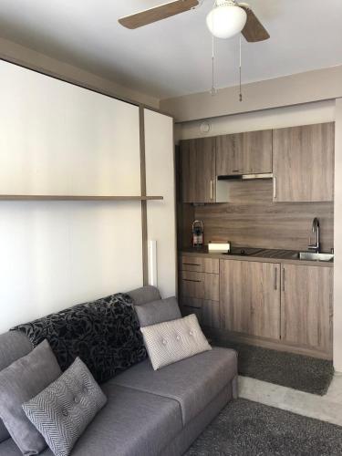 un salon avec un canapé et une cuisine dans l'établissement L'Azur Promenade, à Nice