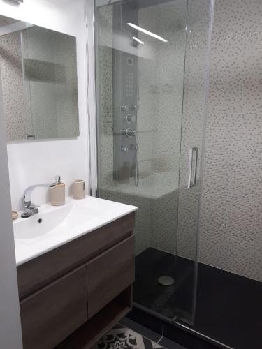 a bathroom with a white sink and a shower at Appartement Cosy 1 - Camping Les Ecureuils in Arès