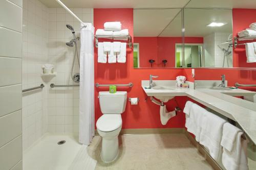 a bathroom with a toilet and a sink and a mirror at Inn at Northrup Station in Portland