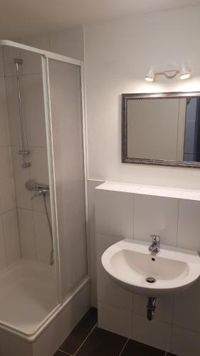 a bathroom with a sink and a shower and a mirror at ABC-Monteurzimmer in Magdeburg