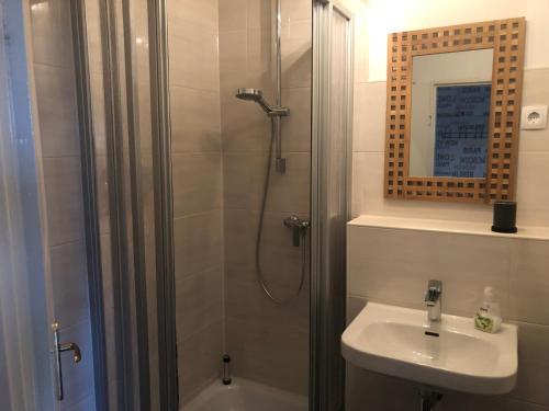 een badkamer met een douche, een wastafel en een spiegel bij City Weserblick in Bremerhaven